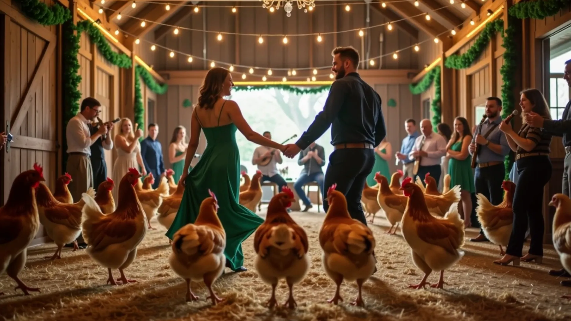The lively henhouse scene with farmers and hens