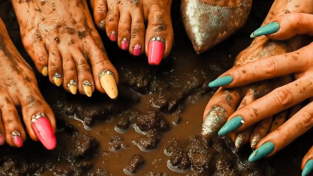 Close-up of muddy hands and decorated toenails around a puddle of mud, bright polish and long nails visible.