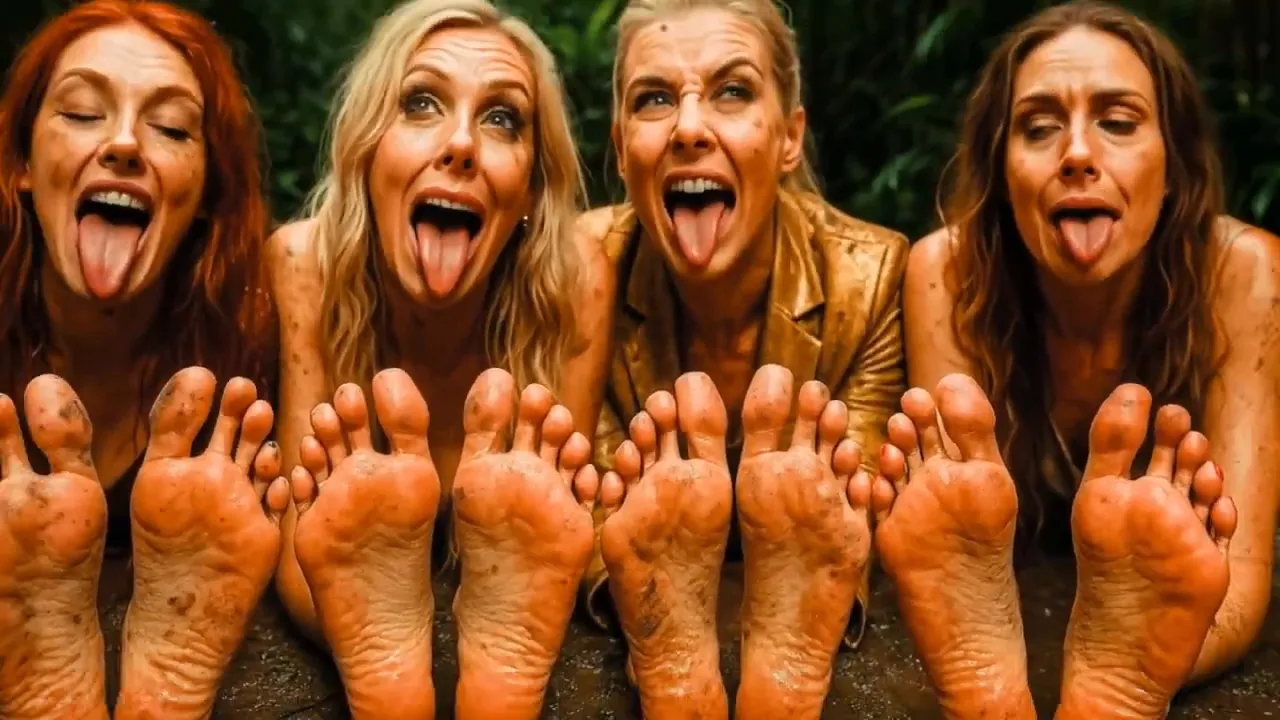Four mud-covered women lying with their bare muddy feet forward and tongues out, a playful satirical pose during an outdoor pedicure challenge.