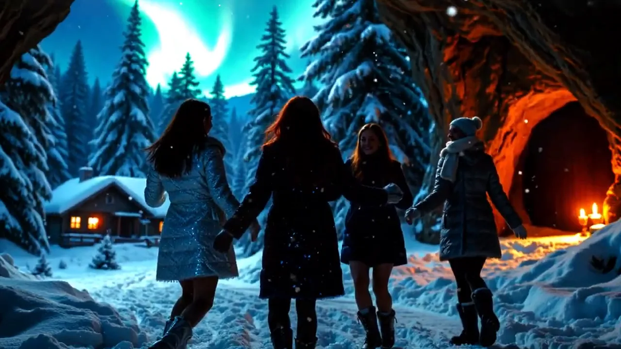 Back view of four friends holding hands and walking through a snowy forest toward a warmly lit cave, with the aurora visible in the sky.