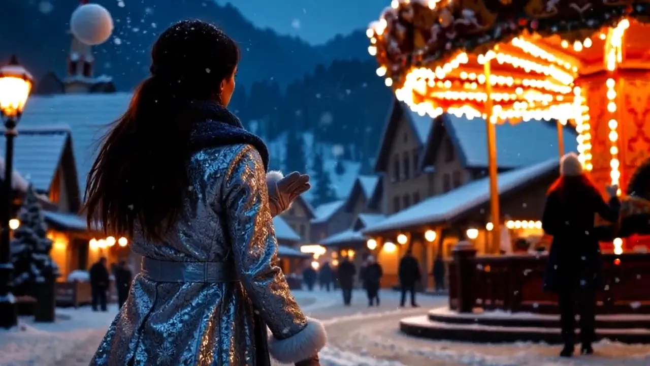 Back view of a woman in a silver coat standing before a glowing carousel in a snowy Alpine village at dusk, with warm market lights and mountains in the background.