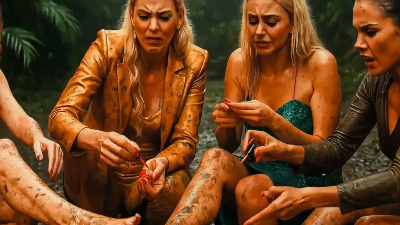 Close-up of women in glam outfits painting nails and tending muddy feet during an outdoor pedicure challenge.