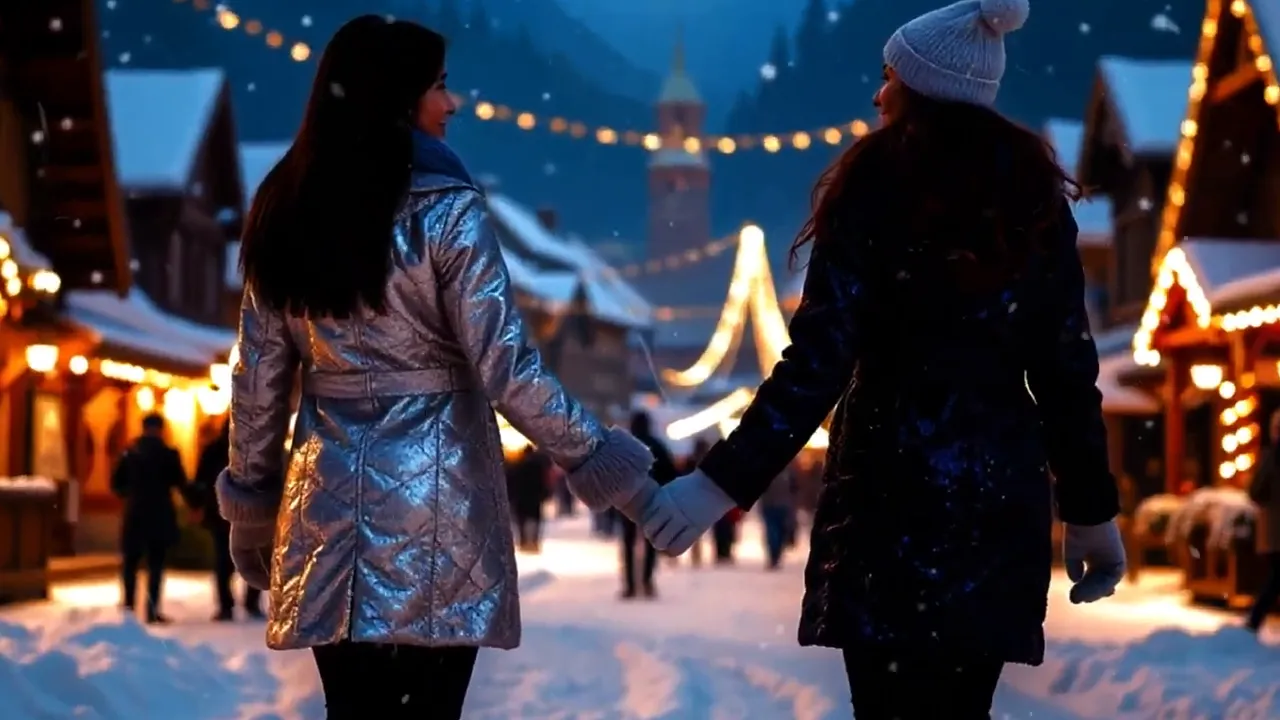 Back view of two people holding hands walking through a snowy alpine village market with warm string lights and falling snow.