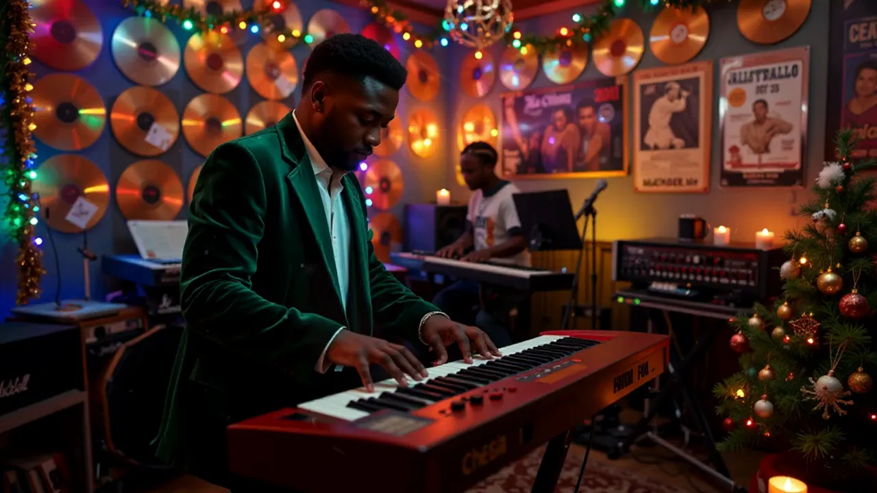 Close-up of a musician playing a keyboard in a warmly lit studio with gold records on the wall, analogue gear and a small decorated Christmas tree.