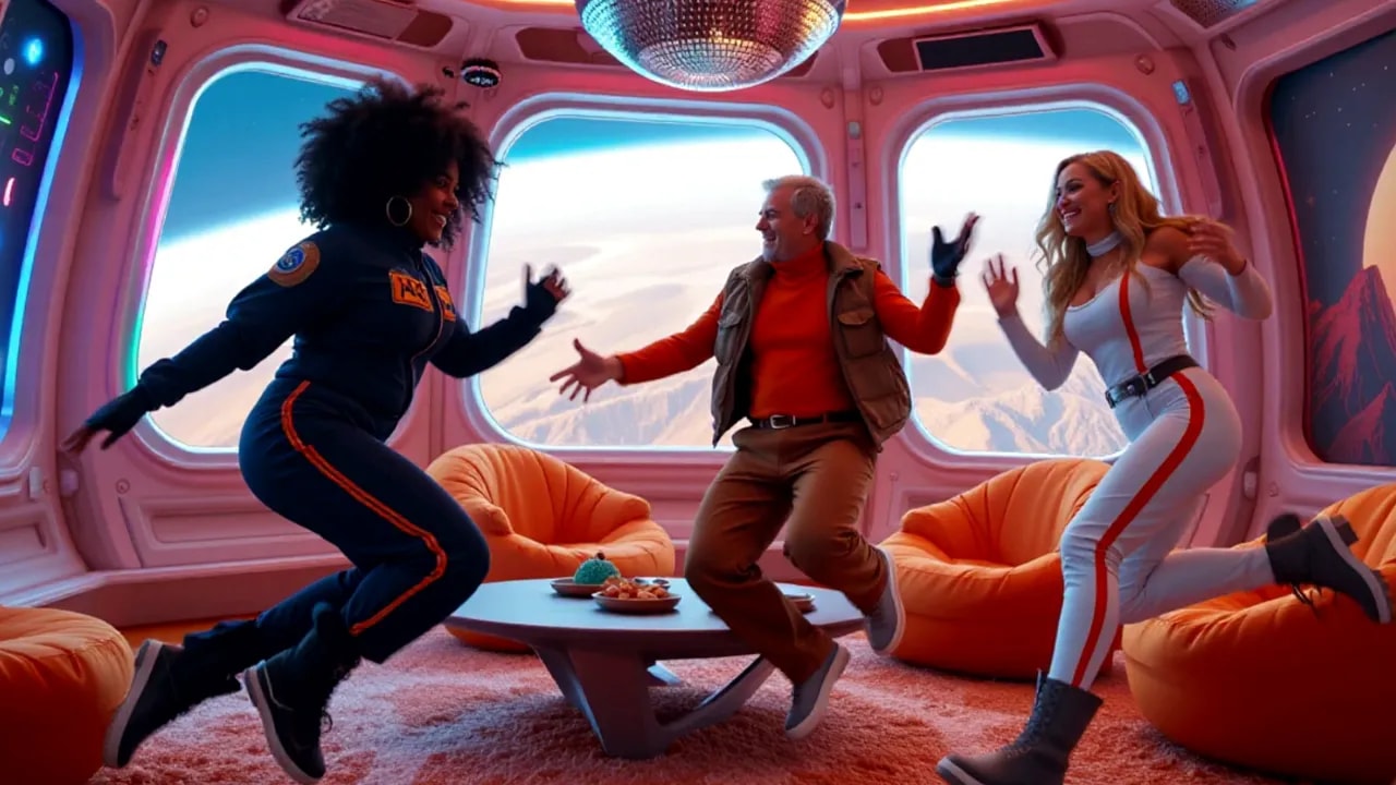Three people jumping inside a neon retro‑futuristic cabin with Mars‑like windows and orange seating