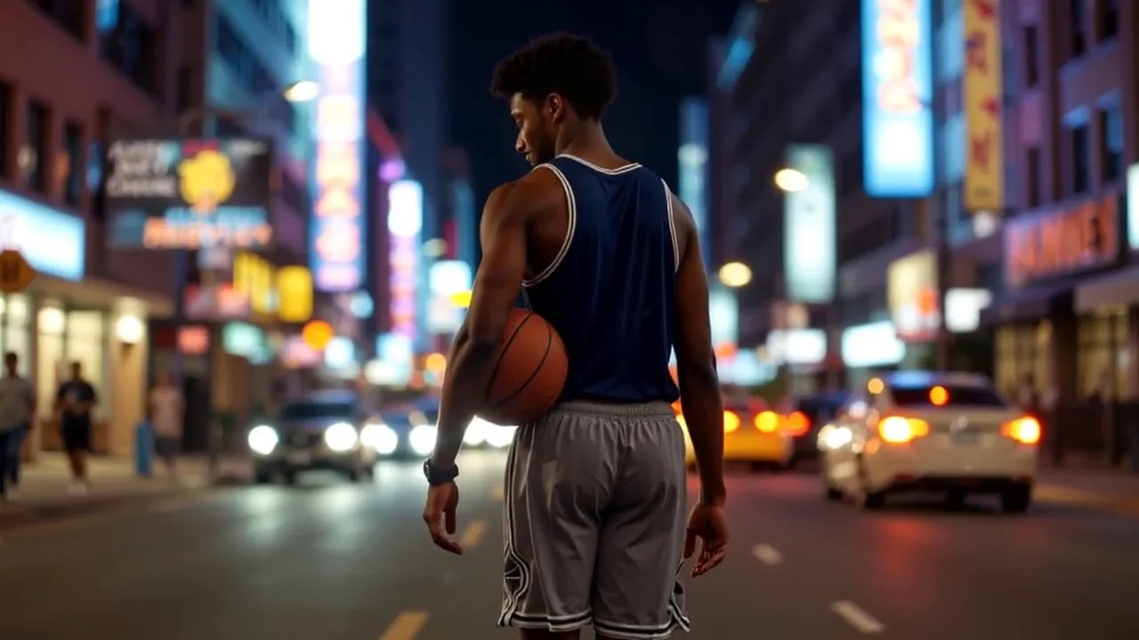 Basketball player holding ball on a busy neon-lit city street at night, back to camera