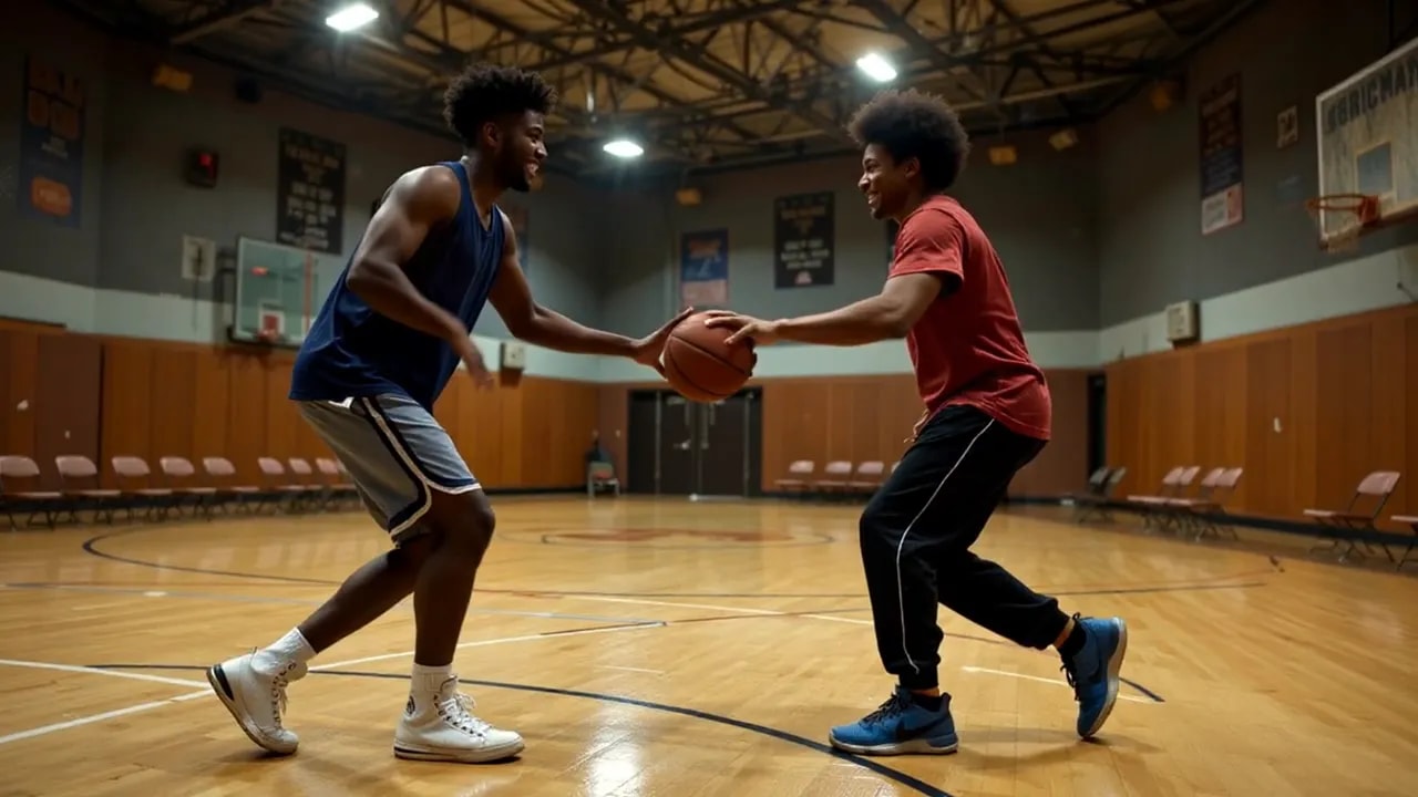 Two players practicing defense and ball-handling on a wooden indoor basketball court.
