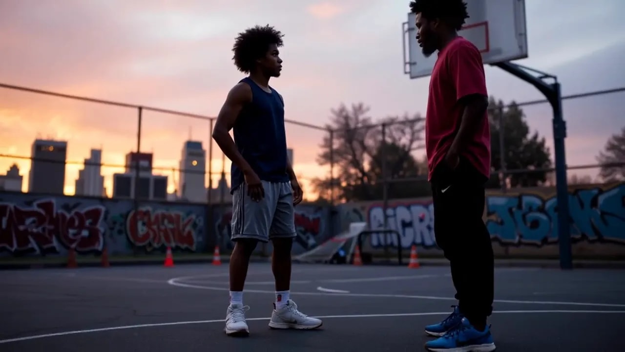 Two basketball players facing each other on an outdoor court at sunset with city skyline and graffiti walls