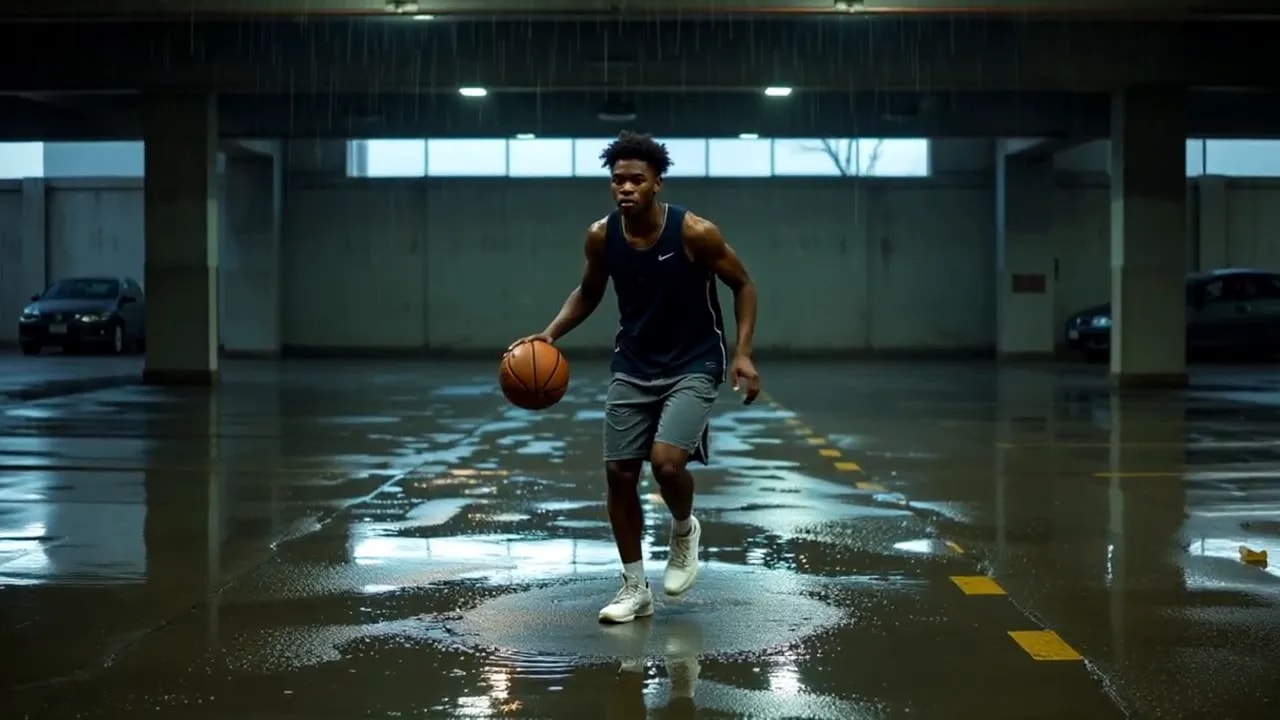 Basketball player dribbling through puddles in a dim parking garage, practicing moves