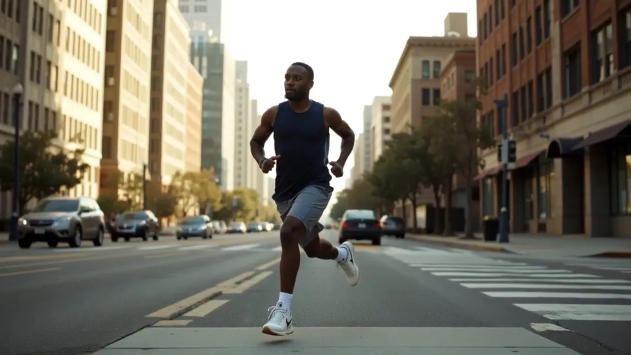 Runner sprinting down a city street, captured mid-stride