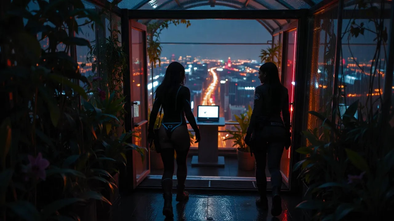 Two people walking through a glass doorway toward a lit city road, plants and neon reflections framing the scene.