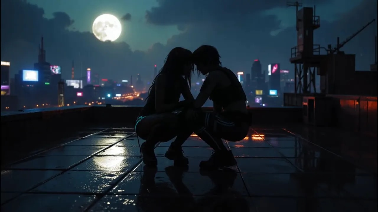 Two people crouched closely together on a wet rooftop at night, silhouetted against a full moon and city skyline.