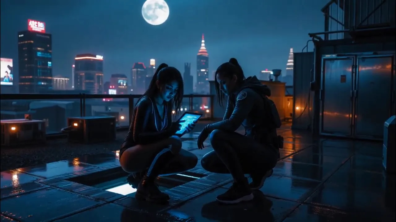 Two people on a neon-lit rooftop looking at a glowing tablet screen while a city skyline and full moon rise behind them
