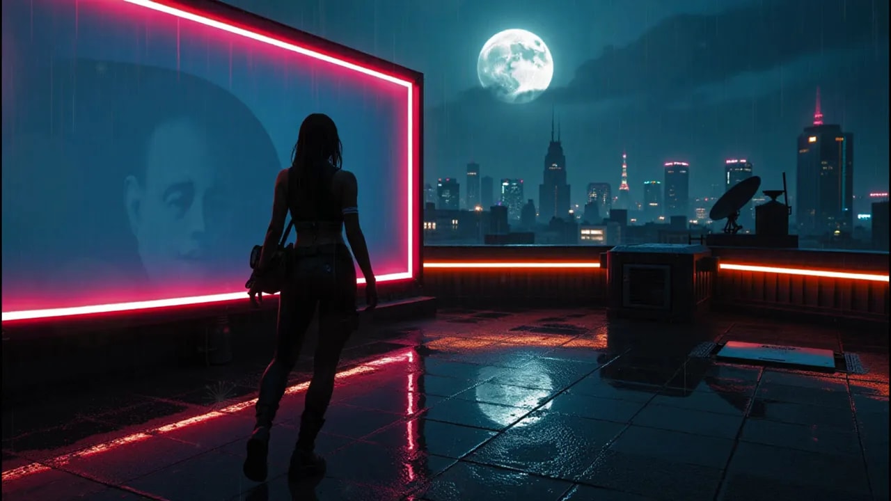 Silhouette of a person walking on a wet rooftop toward a large neon-framed billboard, with a full moon and illuminated city skyline in the background.