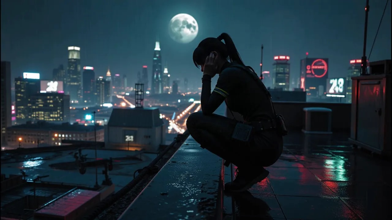 Profile silhouette of a person squatting on a rooftop at night, hand to ear, full moon and city skyline in the background