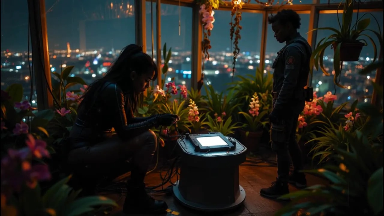 Two people in a rooftop greenhouse at night examining a device between them, surrounded by plants and blurred city lights.
