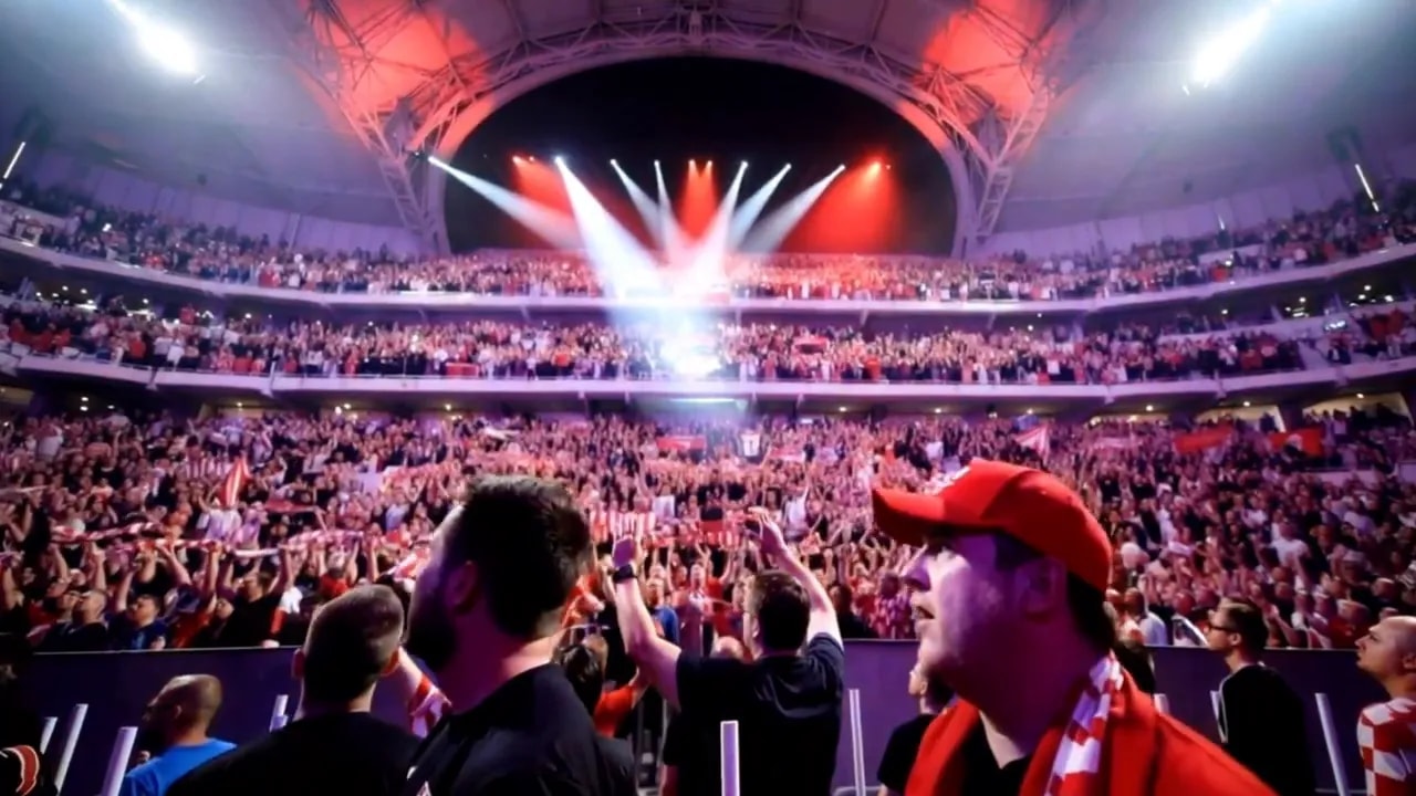 Football fans cheering together in a brightly lit stadium during an anthem moment
