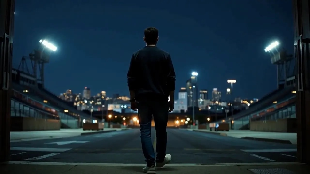 Silhouette of a man walking in a stadium corridor toward the city lights at night