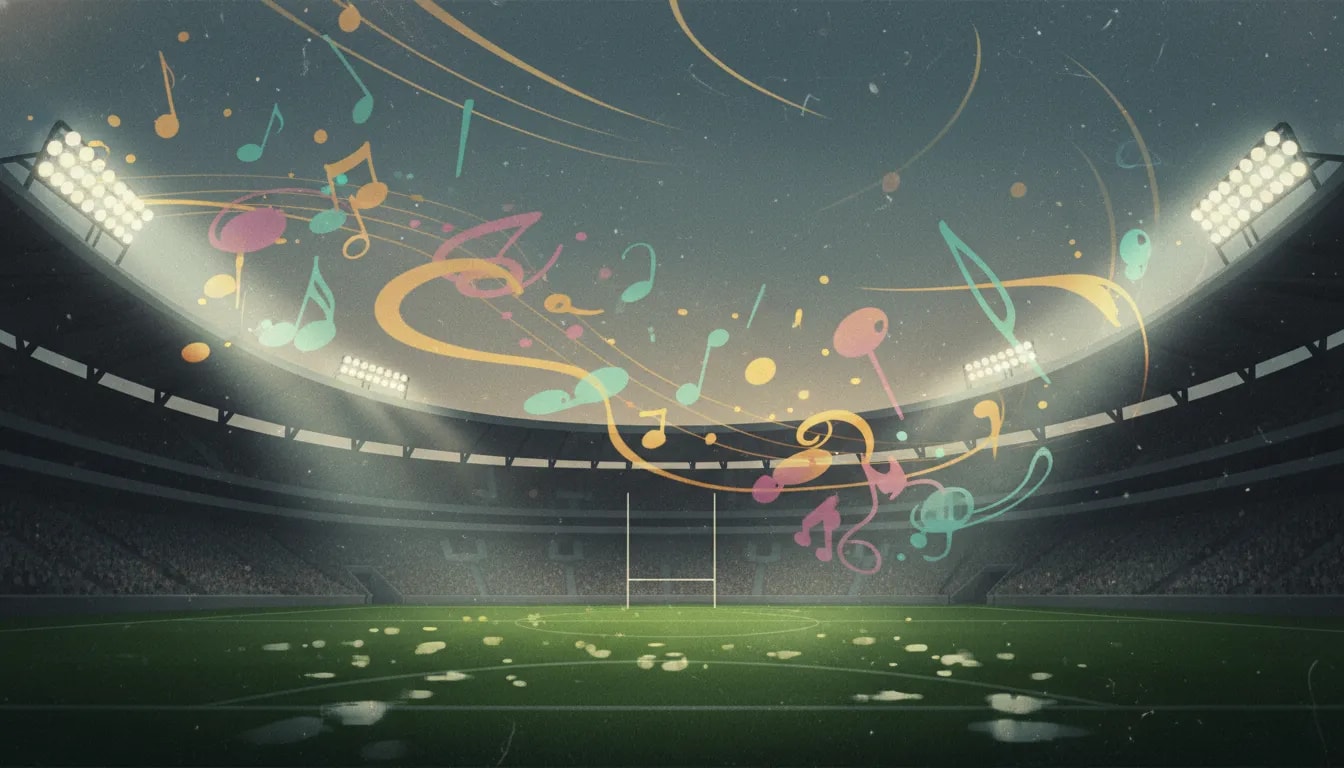 Dreamy football night scene with a mostly empty stadium, barely glowing floodlights, and swirling light haze suggesting music in the air—no text.