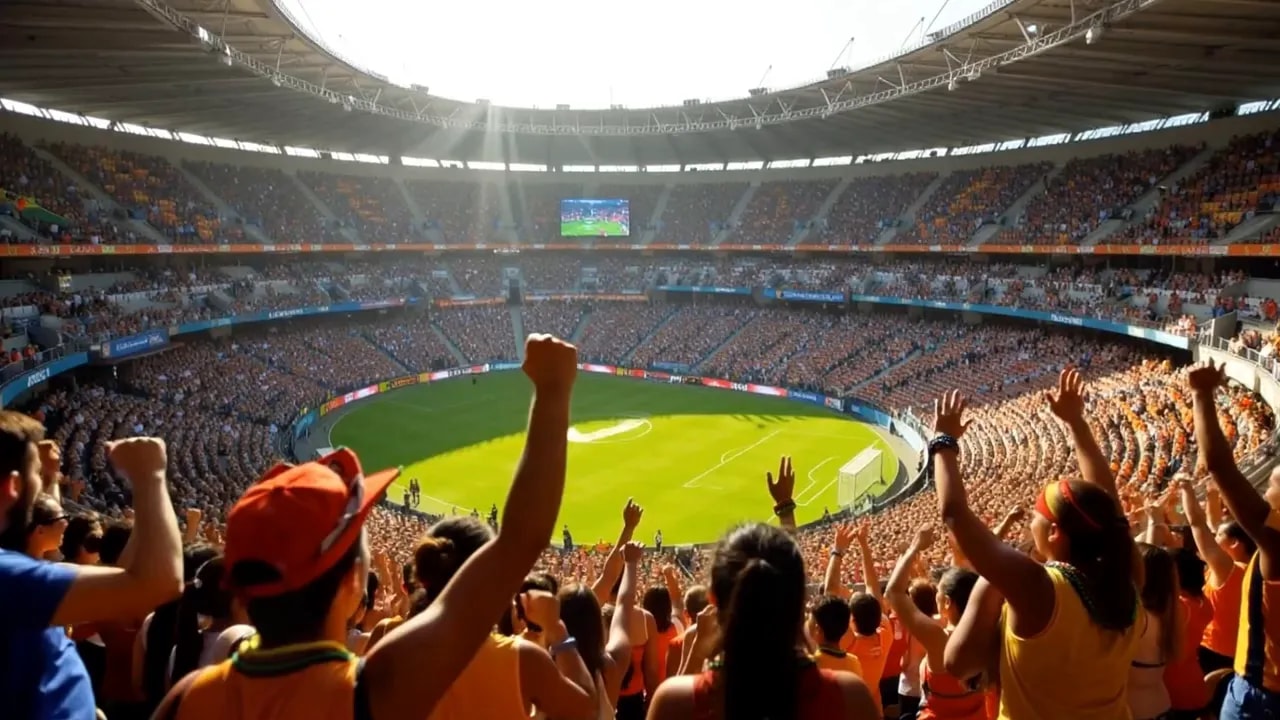 Large crowd lifting arms to celebrate inside a football stadium during a match