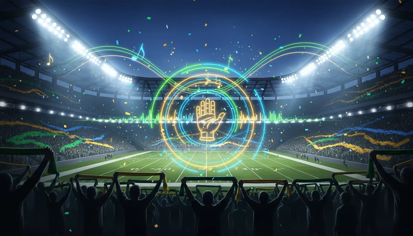 Cinematic football stadium scene with uplifting sound-wave light trails and a glowing raised-hand emblem symbolizing a modern football anthem.