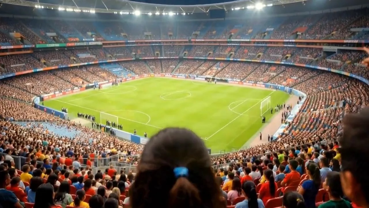 Wide view of a packed football stadium with fans gathered and facing the pitch