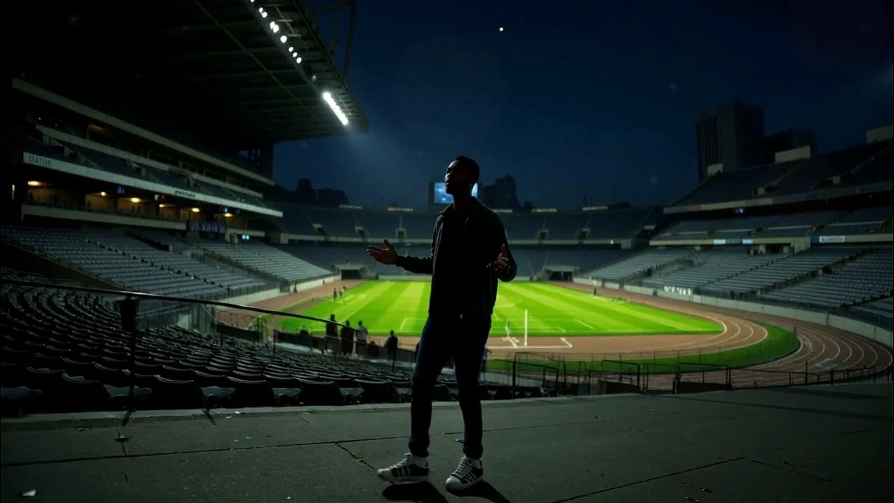Silhouette of a person facing a football stadium pitch with bright floodlights at night