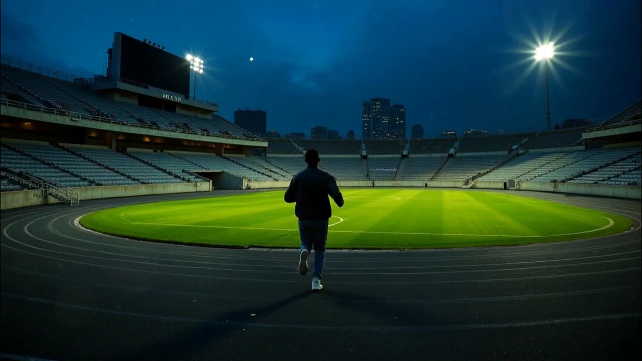 Silhouette person walking toward the center of a floodlit football pitch inside an empty stadium at night