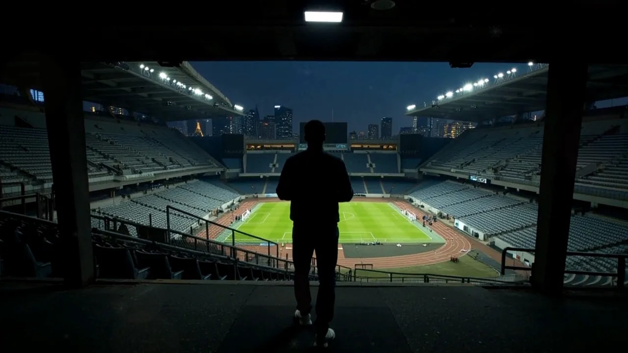 Silhouette standing inside a stadium looking toward the pitch and city skyline at night