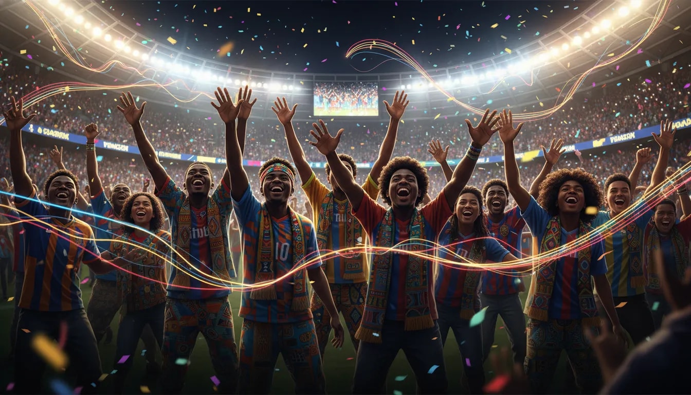Diverse football fans standing together in a brightly lit stadium with glowing music wave energy, symbolizing unity and anthem-style celebration.