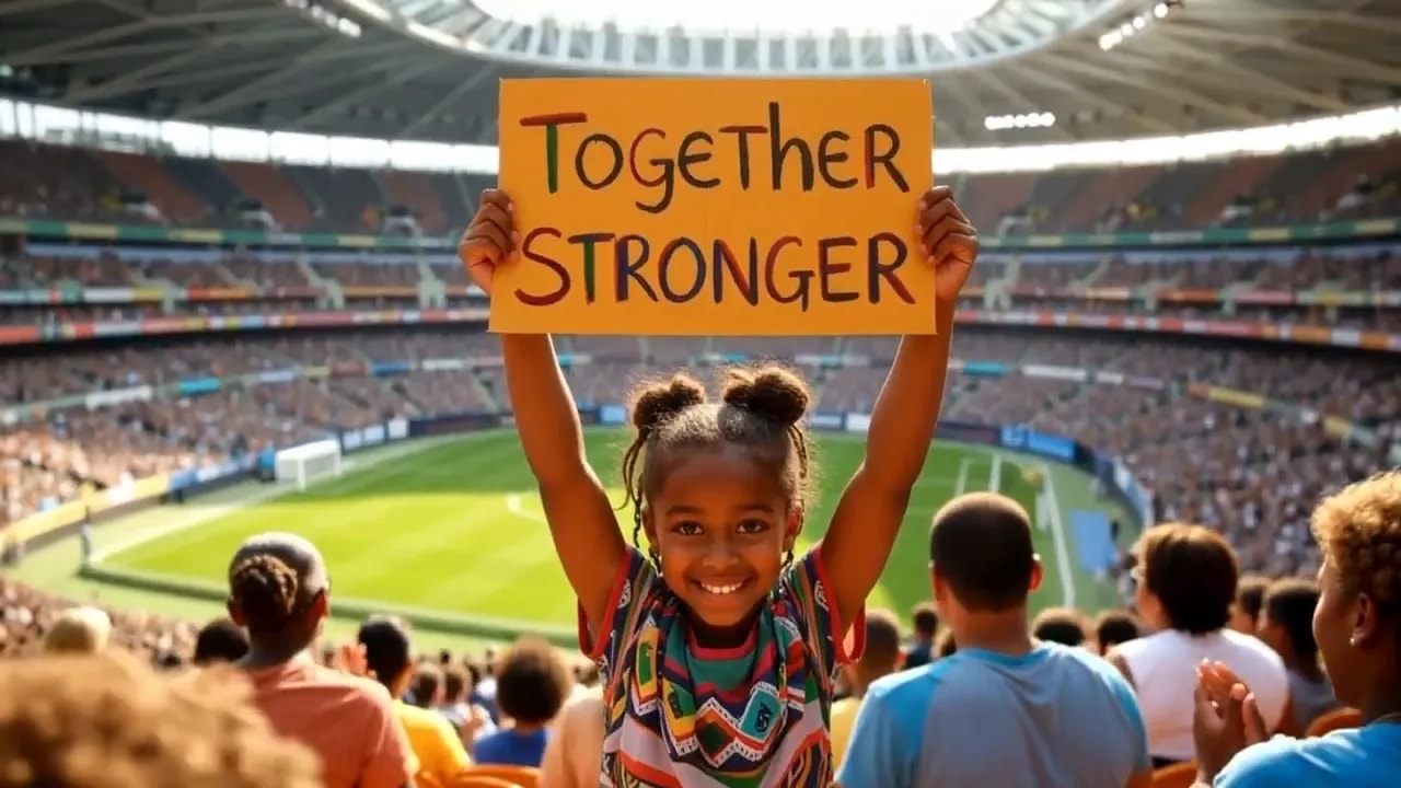 Young football stadium fan holding a sign that says “Together Stronger” with the pitch in the background.