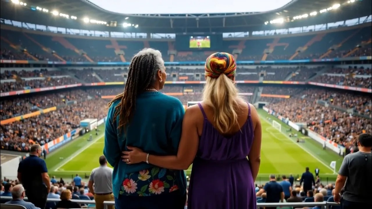 Wide view of two supporters standing together in a football stadium with arms around each other