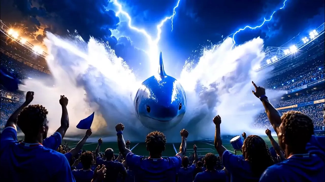 front-facing shark bursting through water in a lit stadium with raised arms and flags in the crowd