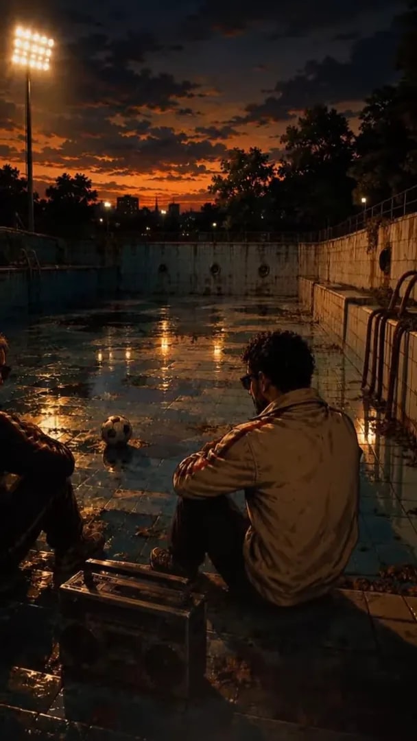 two people sitting beside an empty pool at dusk with stadium lights reflecting on wet ground