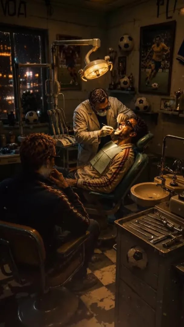 dentist treating a patient in a dim room decorated with footballs and soccer posters
