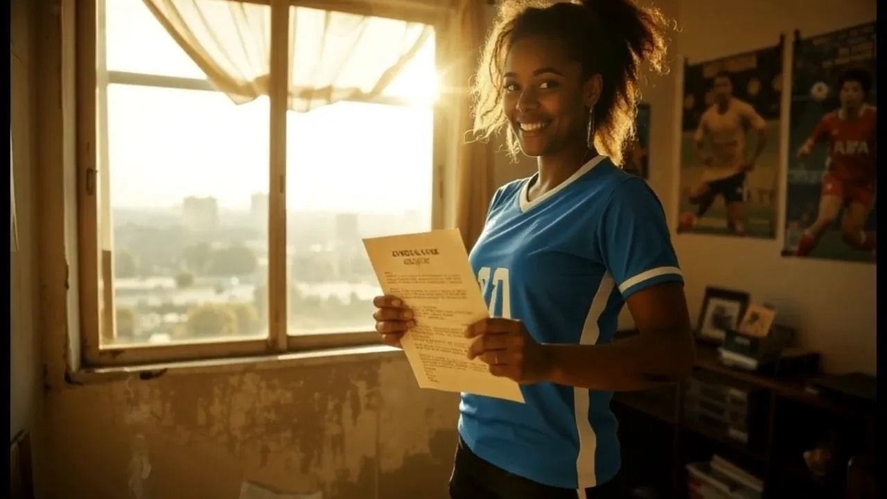 player in blue jersey smiling while holding papers in a small sunlit room beside a window