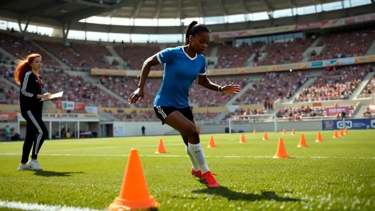 player running through orange training cones on a green stadium field while a coach stands nearby