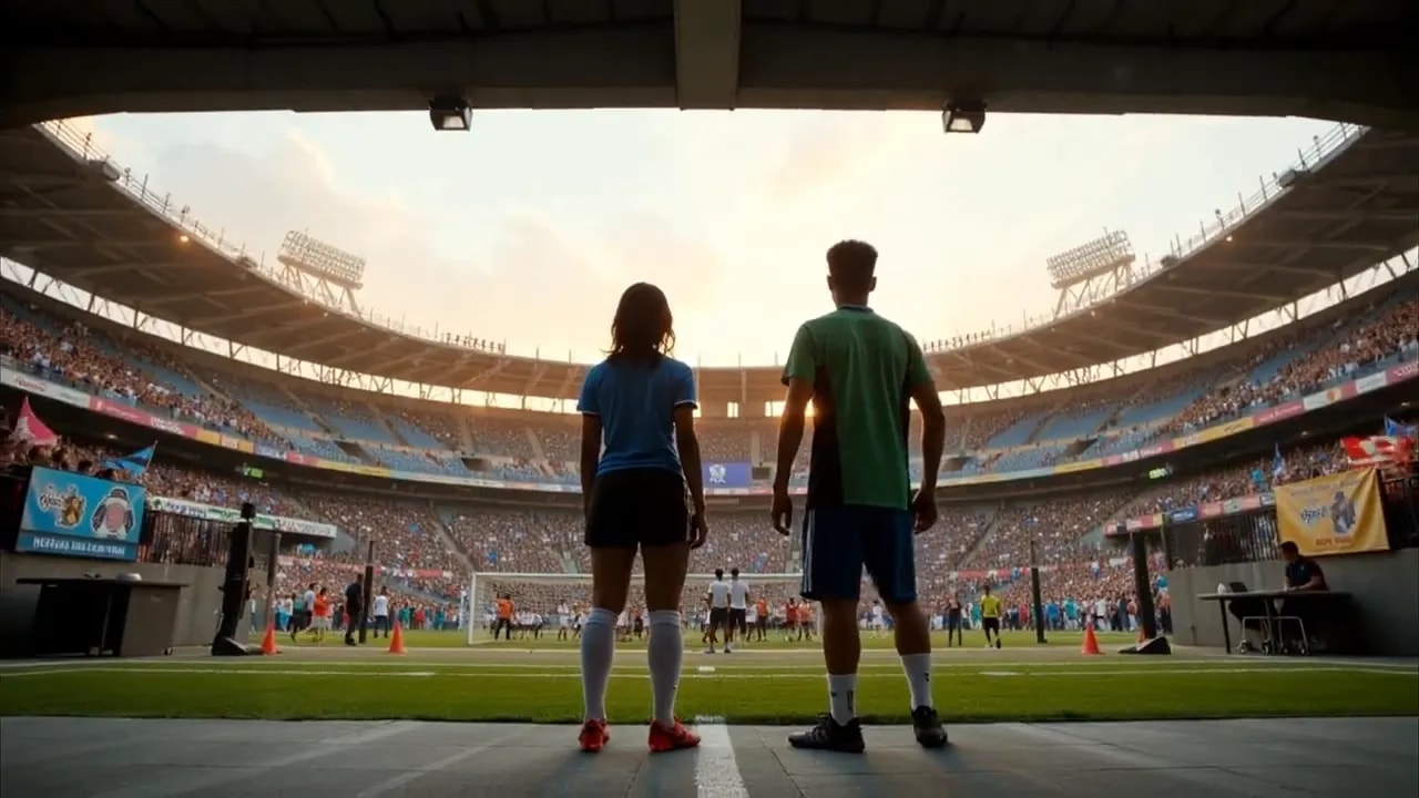 two players standing at the entrance of a large stadium looking out toward the field and crowd