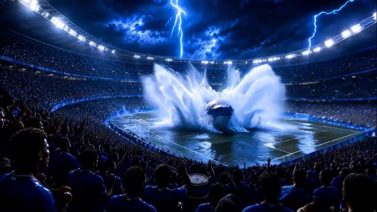 wide stadium view with a small shark shape on the field under dark blue storm clouds