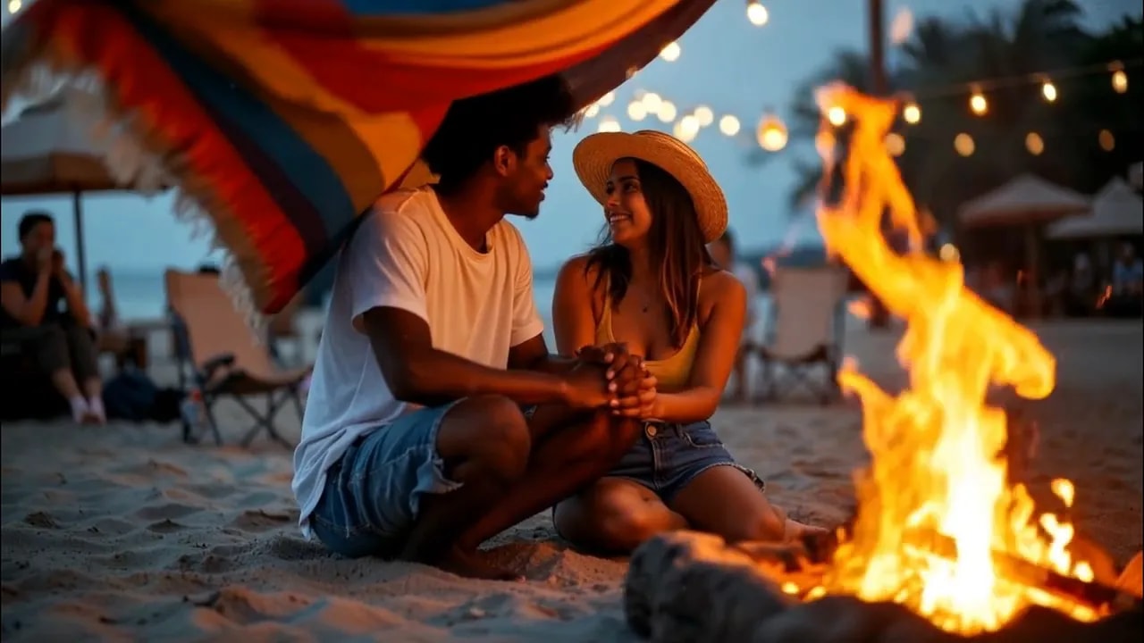 Couple seated beside a bright beach bonfire beneath a colorful canopy and string lights