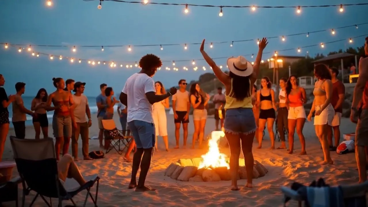 People dancing around a beach bonfire beneath rows of string lights at dusk