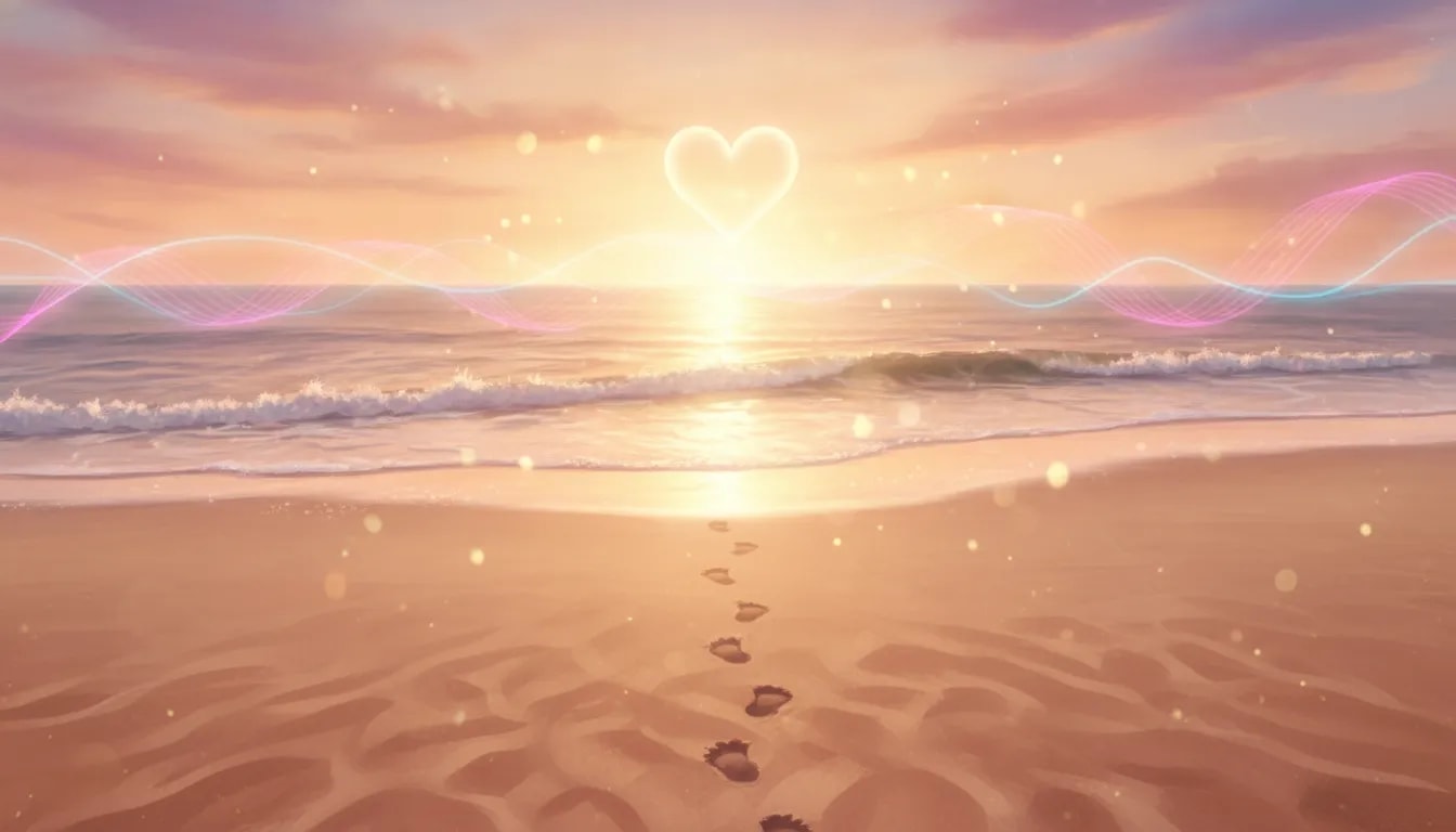 Golden-hour tropical beach scene with glowing ocean waves, romantic light-flare symbolism, and abstract music-like wave reflections suggesting a summer paradise moment with a special connection