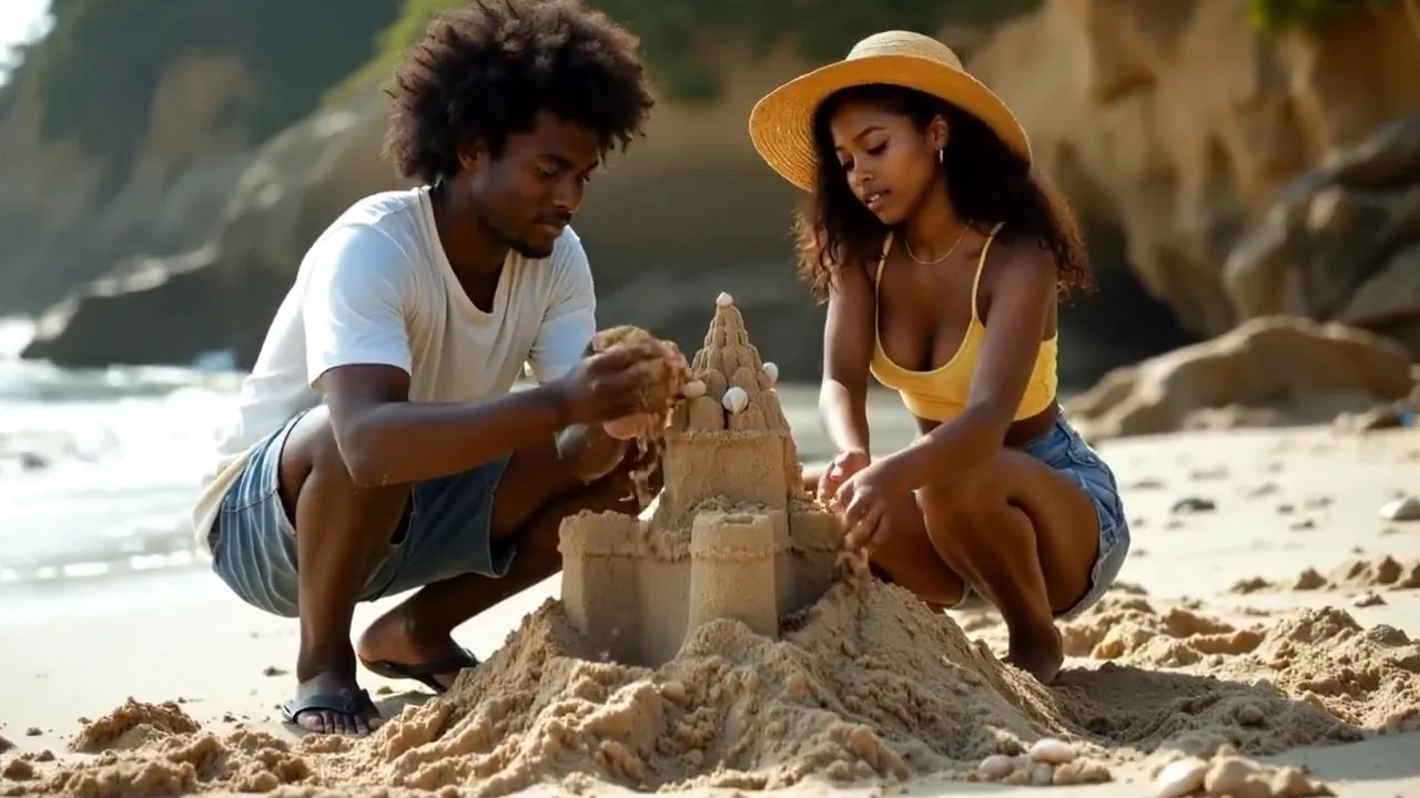 Couple building a sandcastle together on a sunny beach