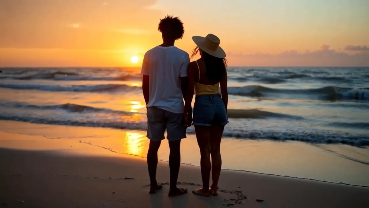 Couple standing together on wet sand facing the ocean sunset