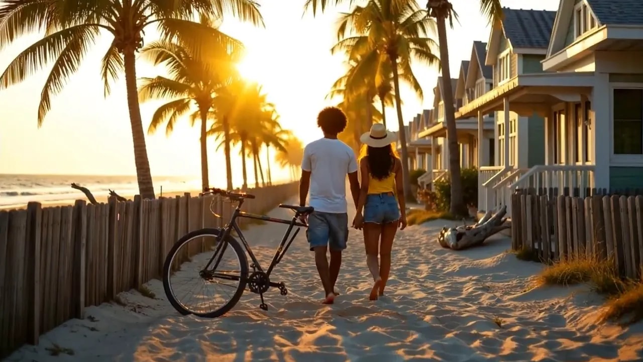 Couple walking away along a sandy palm-lined path beside beach houses at sunset