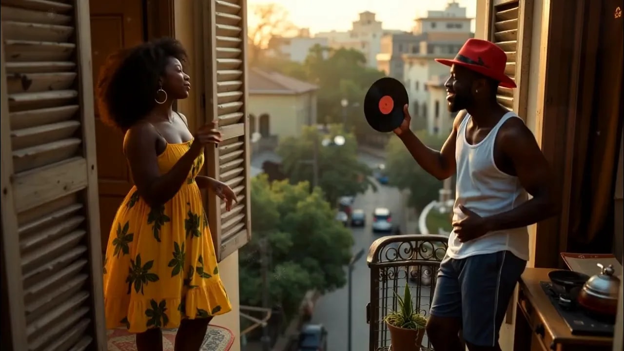 Two people standing in an open doorway with one holding a vinyl record