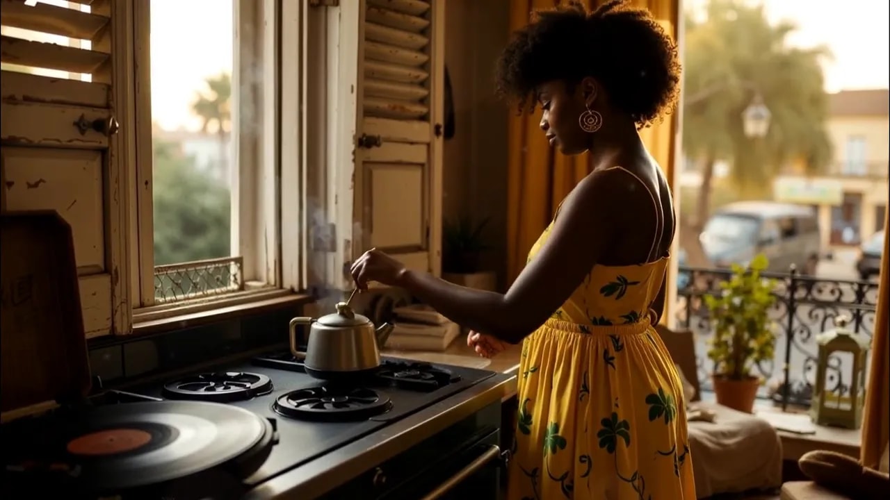 Woman in a yellow dress standing beside a turntable and steaming kettle in a kitchen