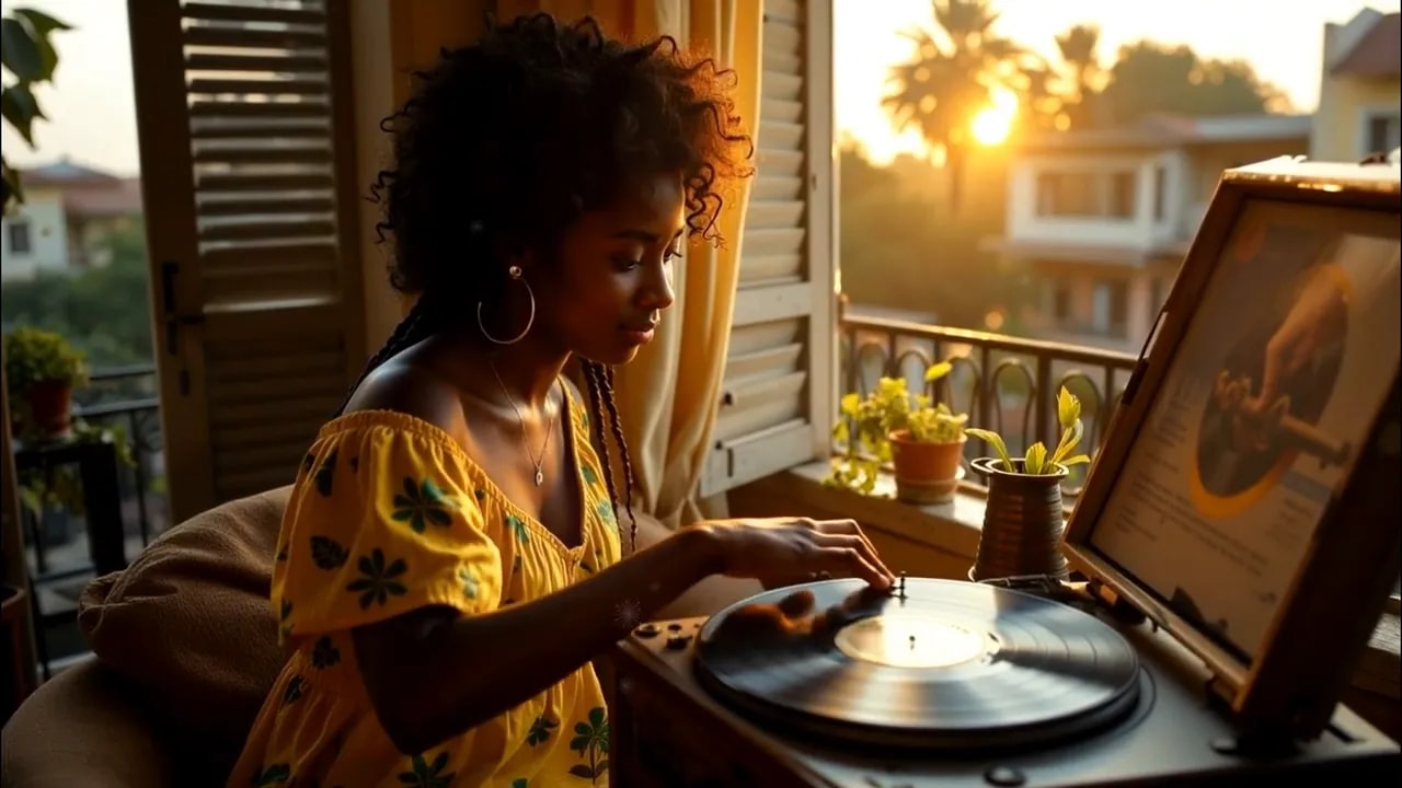 Woman placing a vinyl record on a turntable beside an open balcony window