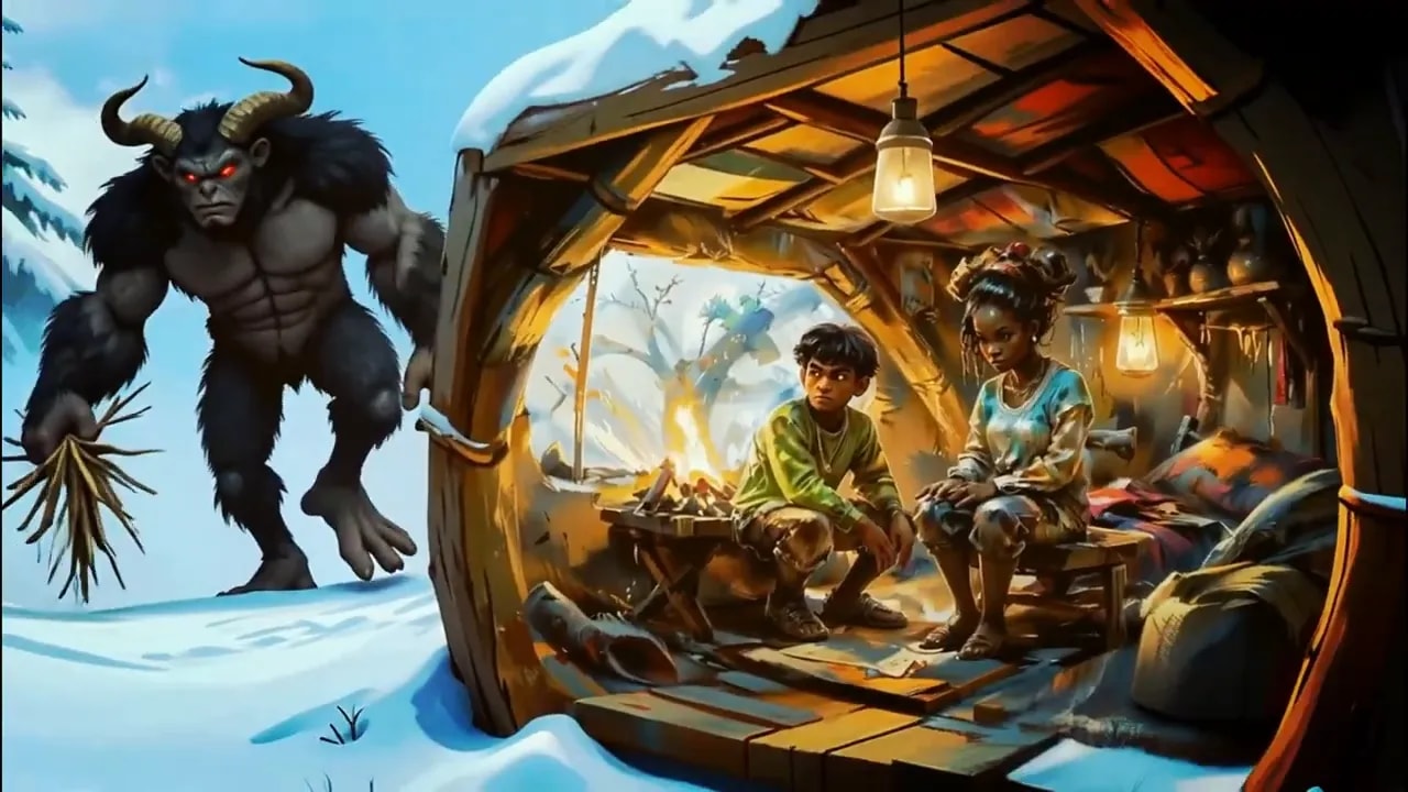Horned creature beside a snow-covered shelter with two children seated inside